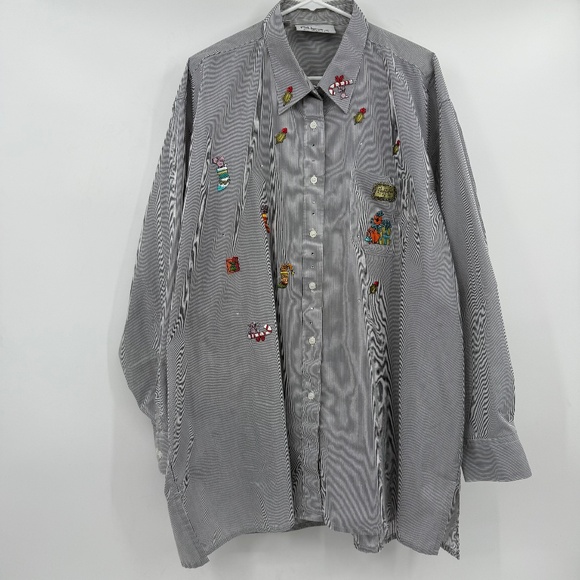 Mili Designs Top Women 2X White Blue Striped Christmas Sequin Long Sleeve Button - Picture 1 of 11